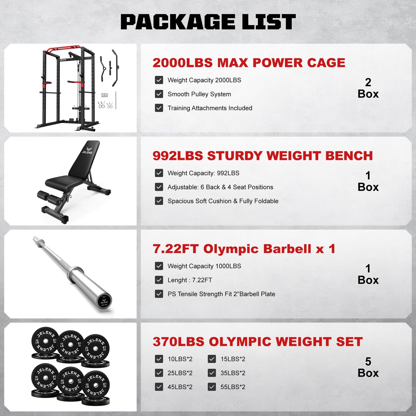 JELENS S11 Power Cage, 2000LB Multi-Function Power Rack with LAT Pulldown, Squat Rack with Adjustable Pulley System and Training Attachments, Weight Rack for Home Gym (370LB Black Weights Package)