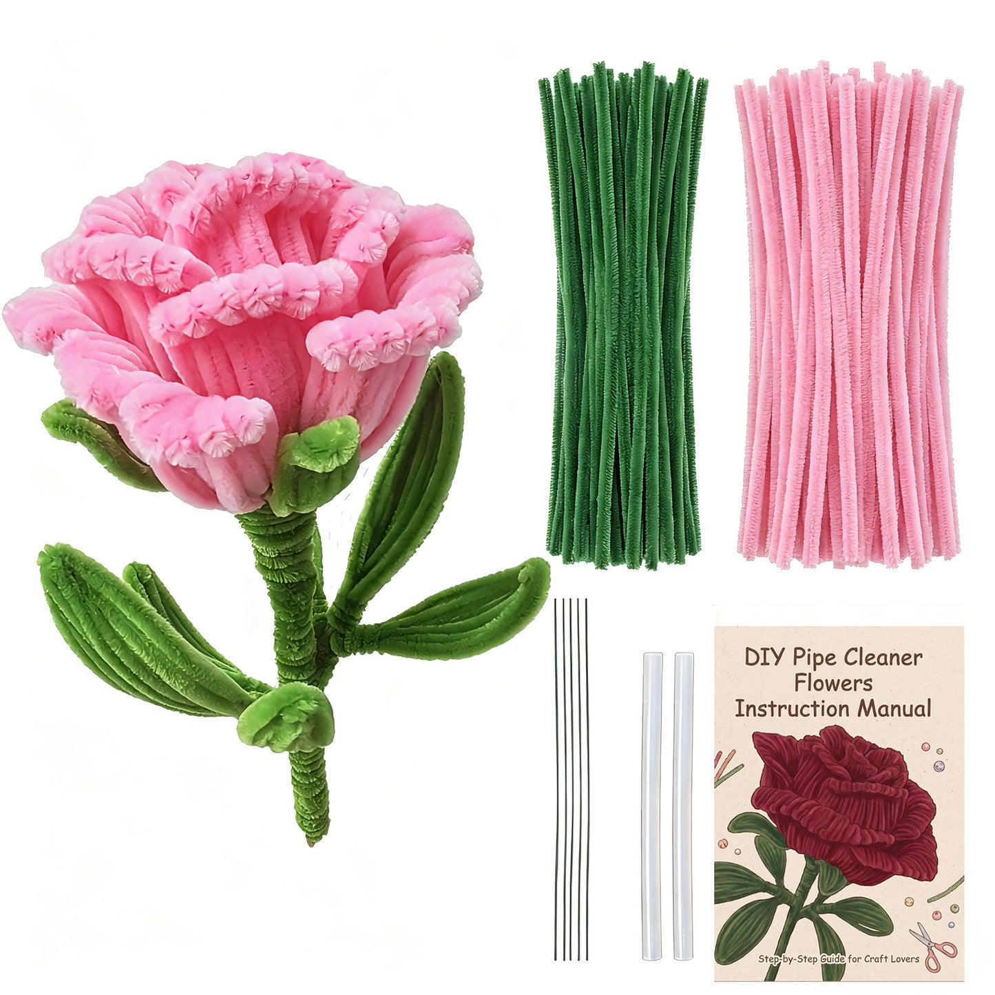 Pipe Cleaners Flower Kit - Pink Pipe Cleaners for Flower Making, DIY Craft Supplies for 22-Inch Pipe Cleaner Flowers, Includes 300 PCS Pipe Cleaners, Floral Wires, Glue Sticks & Instruction Manual