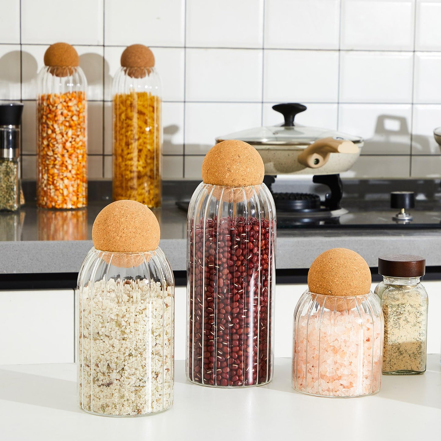 Suclain 5 Pack Glass Jar Set with Spherical Cork Ball 4 Sizes Food Storage Tank Candy Jars Coffee Canister Airtight Jars for Kitchen Ball Bottle Holder Spice Sugar Tea (Vertical Pattern Style)