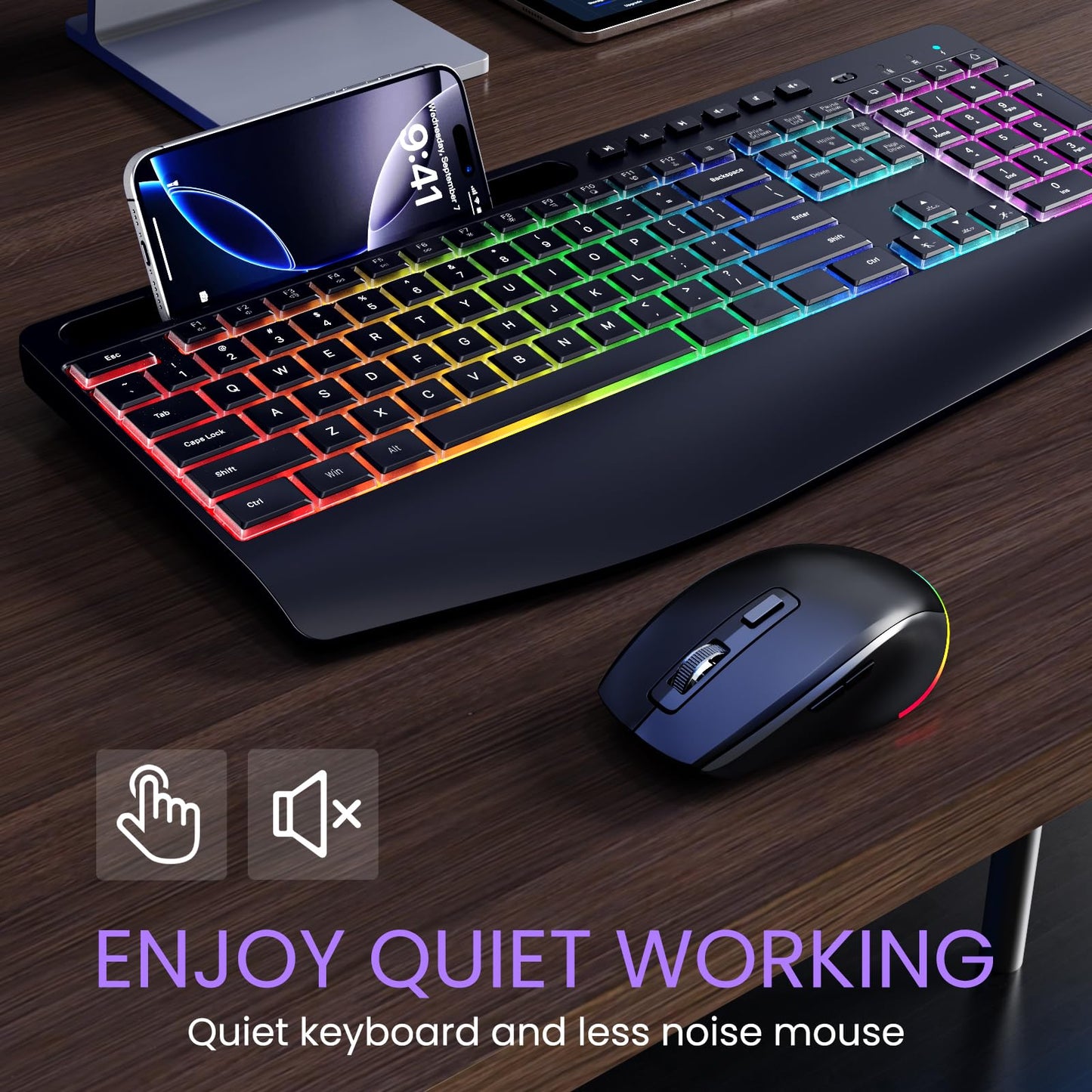 Wireless Keyboard and Mouse Combo- VEILZOR 2.4G Rechargeable Keyboard with Phone Holder, Ergonomic Wrist Rest, 9 RGB Backlit Effects, Silent Keyboard Mouse Set for Windows, Laptop, PC