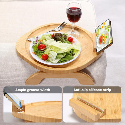 360 Couch Arm Tray Table, Bamboo Clip-on Couch Arm Tray with Phone Holder, Foldable Sofa Armrest Table for Eating