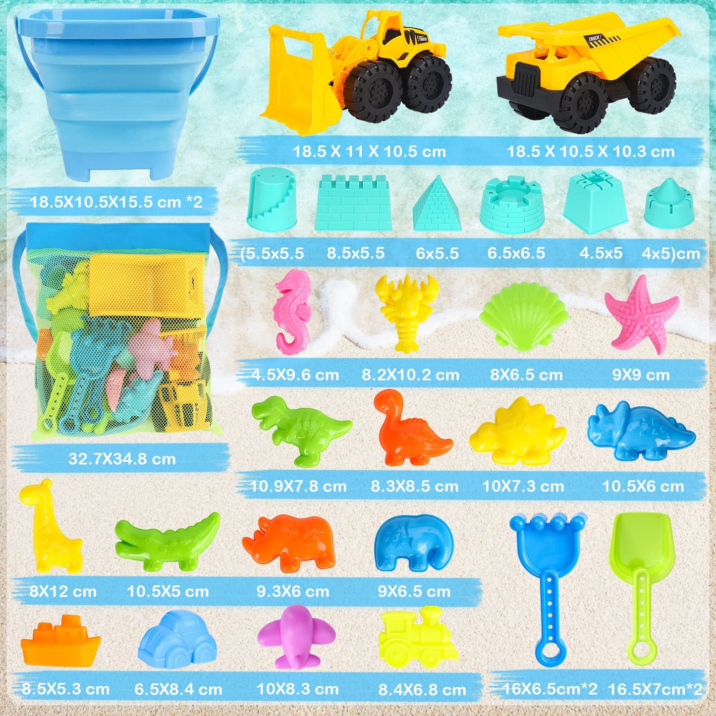FHOZGECY Beach Toys, Sand Toys for Kids Boys and Girls with 2 Construction Vehicle, 2 Collapsible Bucket, Sand Castle Building Kit, Sand Molds, Mesh Bag, Outdoor Toys for Kids Ages 4-8