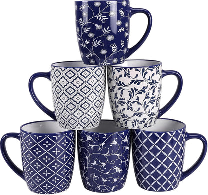 18 OZ Set 6, Schliersee Large Coffee Mugs of Ceramic Mug for Man Woman, Blue White Geometric Floral Porcelain Cup