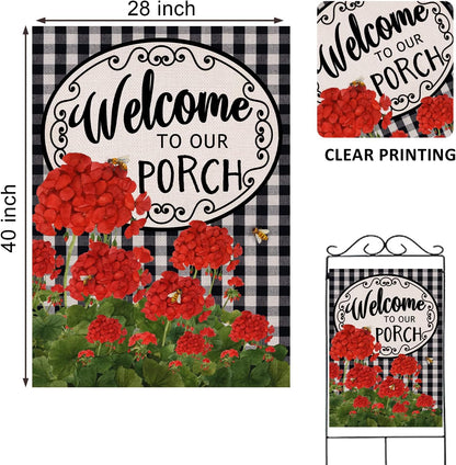 Welcome to Our Porch Geranium Spring Summer House Flag, 28x40, Black White Buffalo Plaid Check Garden Decoration