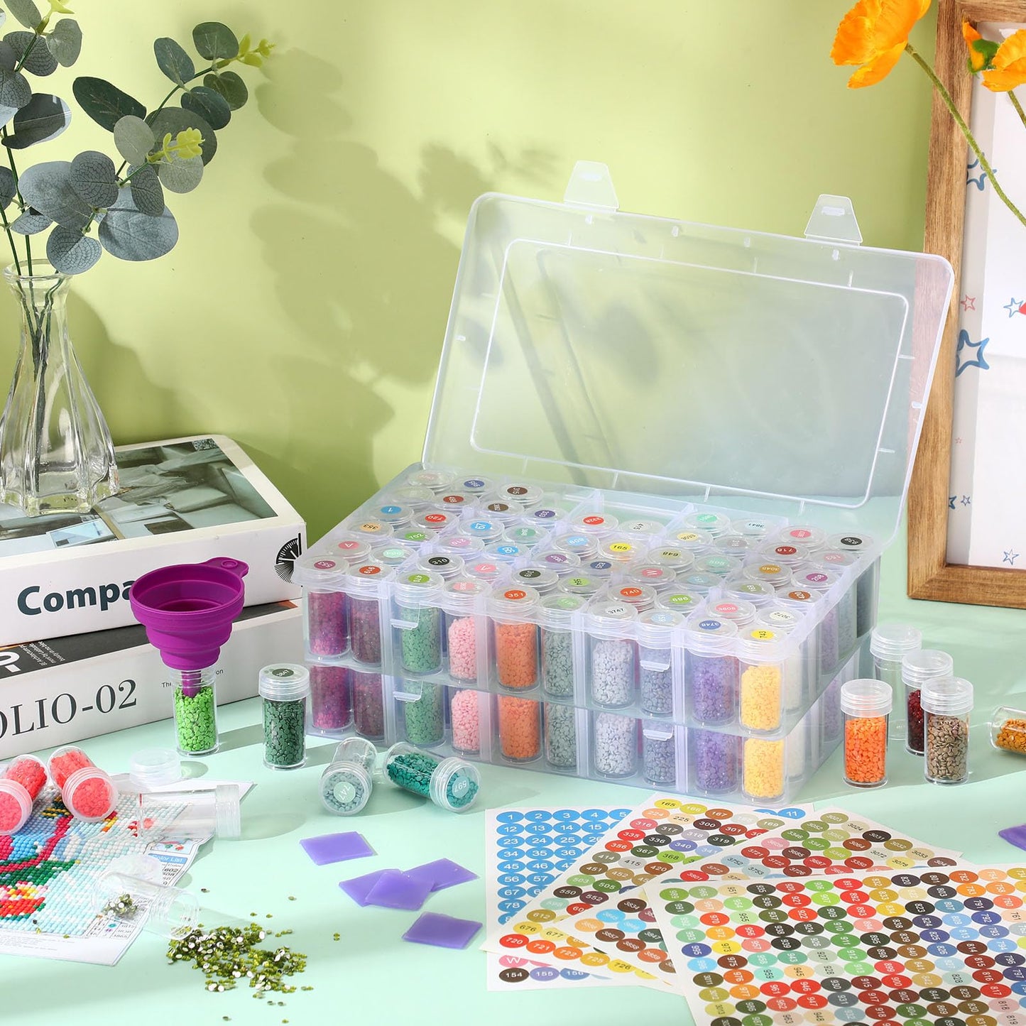 Willinglong 2 Pack Diamond Art Storage Containers Set, Grids Bead Organizer Box with Diamond Painting Accessories Labels for Jewelry Art DIY Dot Craft Bead Storage