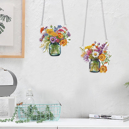2 Pcs 5D DIY Diamond Painting Hanging Ornaments, Floral Bouquet Jar Design, Special Shaped Acrylic Diamond Art Suncatchers for Window or Wall Decor