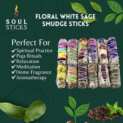 SOUL STICKS Smudge Stick Variety Gift Set, Bulk Sage Bundles for Space Cleansing, Smudging Wand Gift Set (Floral Sage,