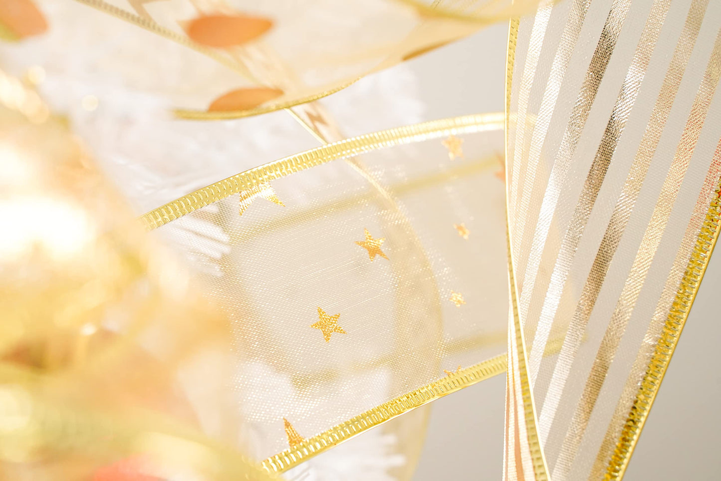 MEEDEE Gold Ribbon for Christmas Tree Decoration - 2.5 Inch, 6 Rolls, 36 Yards - Star and Stripe Wired Ribbon for Tree Garland and Crafts