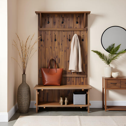Alaterre Furniture Bethel Hall Tree with Bench – Rustic 70-Inch Entryway Organizer with 7 Metal Double Coat Hooks, Solid Wood Bench and Storage Shelves for Mudroom or Hallway (Natural Aged Brown)