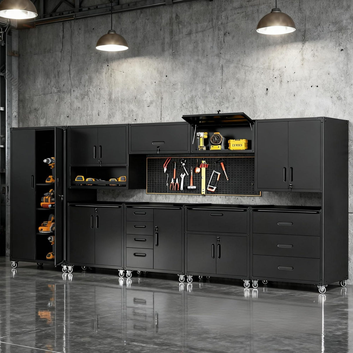 VIYET Metal Tool Cabinet,Garage Storage Cabinet System,Wall Cabinet & Locking Rolling Tool Cabinet with Doors and Adjustable Shelves,Steel Tool Cabinets for Home