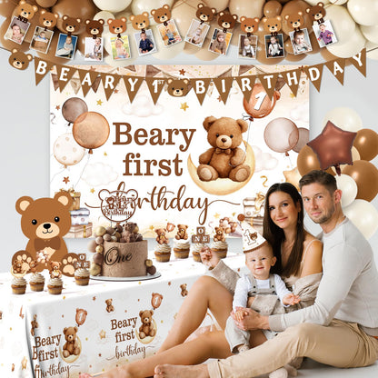 Beary First Birthday Decorations,147pcs Bear Birthday Decorations Brown Bear Birth Day Banner Backdrop High Chair Banner Tablecloth Cake Topper Box Balloon Garland for My 1st birthday Decorations