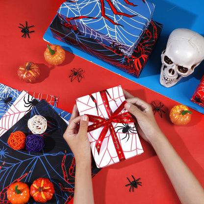 Pineraap 12 Sheets Spider Wrapping Paper, Spider Web Gift Wrap Blue Red Gift Packing for Boys Men Birthday Party DIY Crafts, 19.7 x 27.6 Inch