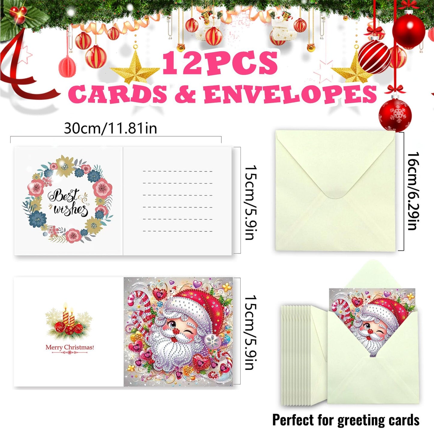 YOKUSHI 12 PCS Diamond Art Painting Christmas Greeting Cards with Envelopes, Snowman Craft DIY Card Making Kits for Adults Gifts (White)