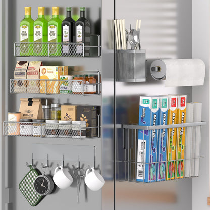 Magnetic Spice Rack for Refrigerator, 6 Pack 100% Metal Strong Magnet Shelf, Space Saving Spice Organizer, Home Kitchen Laundry Room Storage Organization W/ Paper Towel Holder, Utensils Racks (Grey)