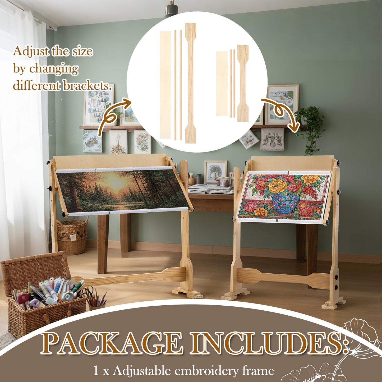Colingmill Needlework Table and Adjustable Embroidery Stand, Cross Stitch Hoop Stand, Beech Wood Tapestry Cross Stitch Embroidery Frame Holder 21.5 x 16.3 and 44.3 x 16.3