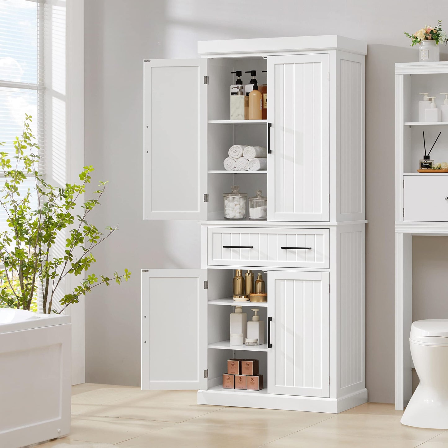 Yaheetech 72.5" Bathroom Floor Cabinet Wooden Storage Organizer with 4 Doors and 1 Drawer, Free-Standing Cupboard for Kitchen/Living Room/Bathroom Use, White