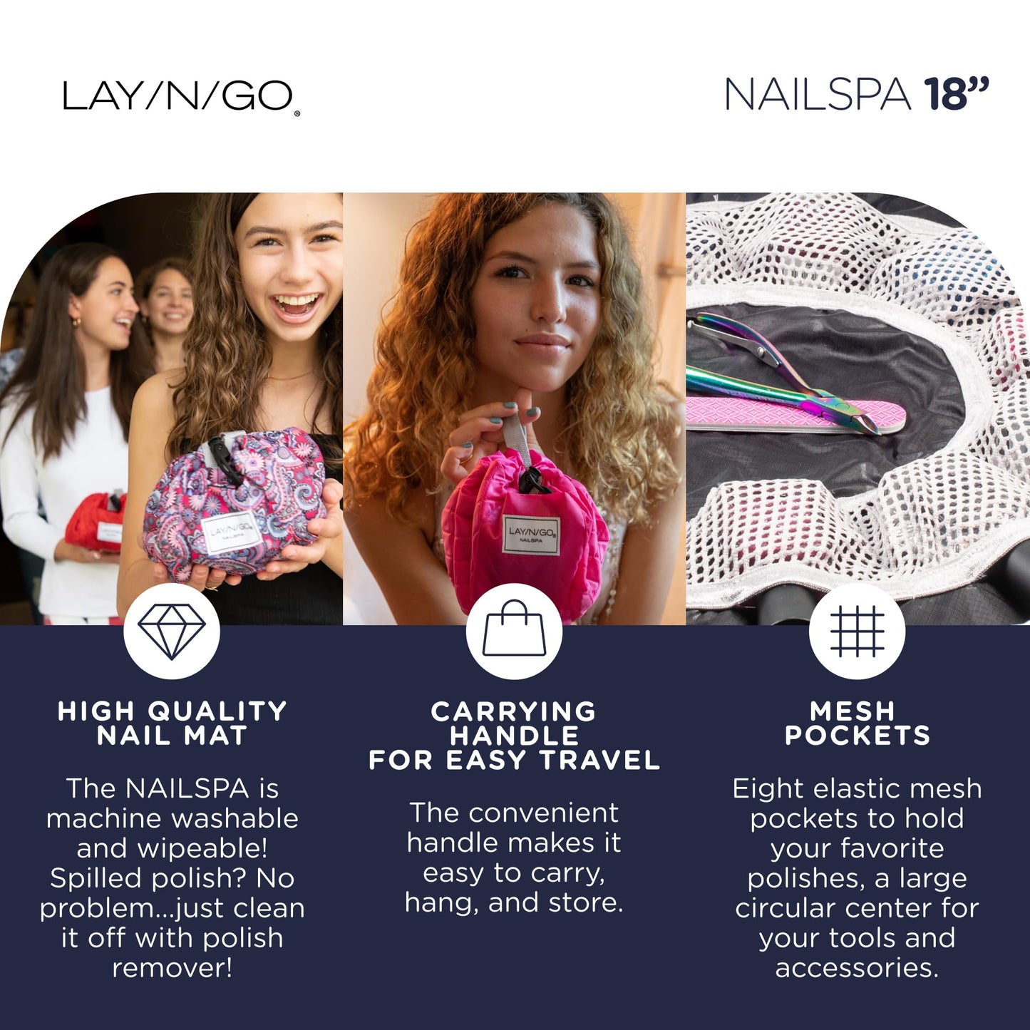 Lay-n-Go NailSpa 18″ Portable Nail Station Supplies & Cosmetic Lay Flat Organizer Bag— Travel Manicure Kit w/Mesh Pockets & Machine Washable (Pink)