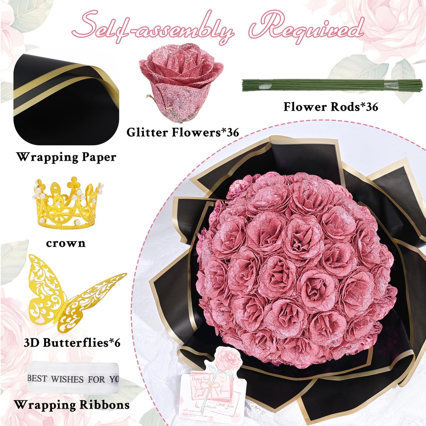 Waipfaru Rose Gold Glitter Roses Bouquet, DIY Flowers Bouquet, Birthday Gifts for Women Mom Grandma Wife Girlfriend, 36 Pcs Fake Rose for Valentines, Mothers Day, Anniversary, Graduation Gifts