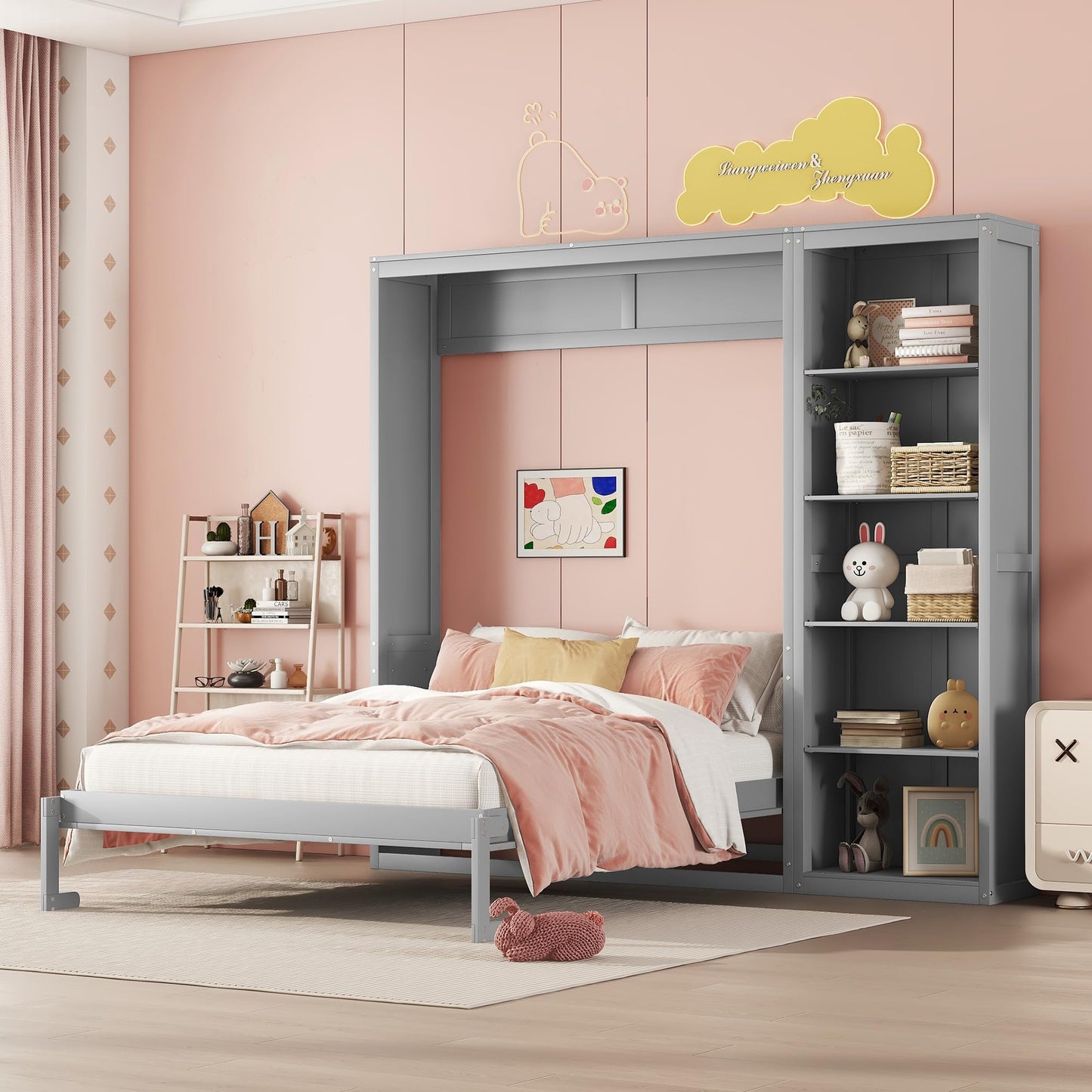 KTATK Full Size Murphy Bed with Five-Layer Cabinet,Solid Wood Storage Hidden Wall Beds Frame,W/Dual Piston Metal Folding Mechanism Designed,Space-Saving,for Home Office,Study,Guest Room,Gray