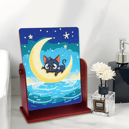 pigpigboss Black Cat Diamond Painting Rotate Mirror Kit, 5D DIY Crystal Drill Moon Cat Diamond Art Dots Makeup Mirror for Adult Beginner Home Office Desktop Decor