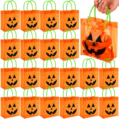 Sweetude 24 Packs Halloween Plastic Pumpkin Bags with Handles Halloween Jack O Lantern Pumpkin Party Gift Handles Bags Candy Favors, 6 x 6.3 Inch