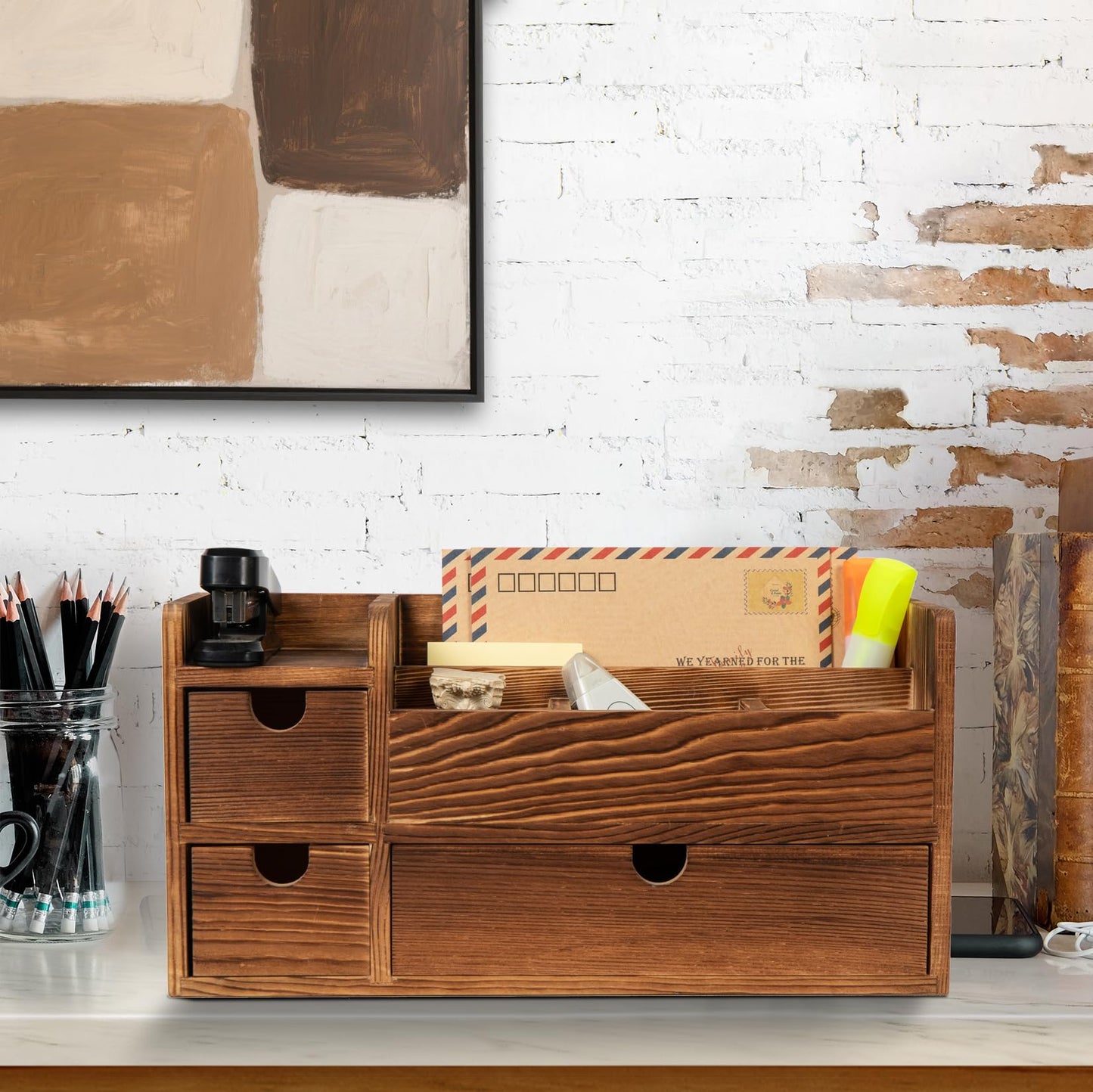 ExoLiry Deep Roast Wooden Desktop Organizer 3 Drawers Office Supplies Storage Caddy Box Stationery Pencil Mail Holder Note Pads Makeup Tools Cosmetics Dark Brown