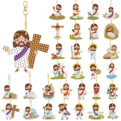 WILLBOND 30 Pcs Mini Jesus Diamond Art Keychain Kits for Adults Christian Jesus Diamond Painting Keychains Double Sided DIY Religious Cross Keyrings for Church Catholic Sunday Easter Beginners Gifts