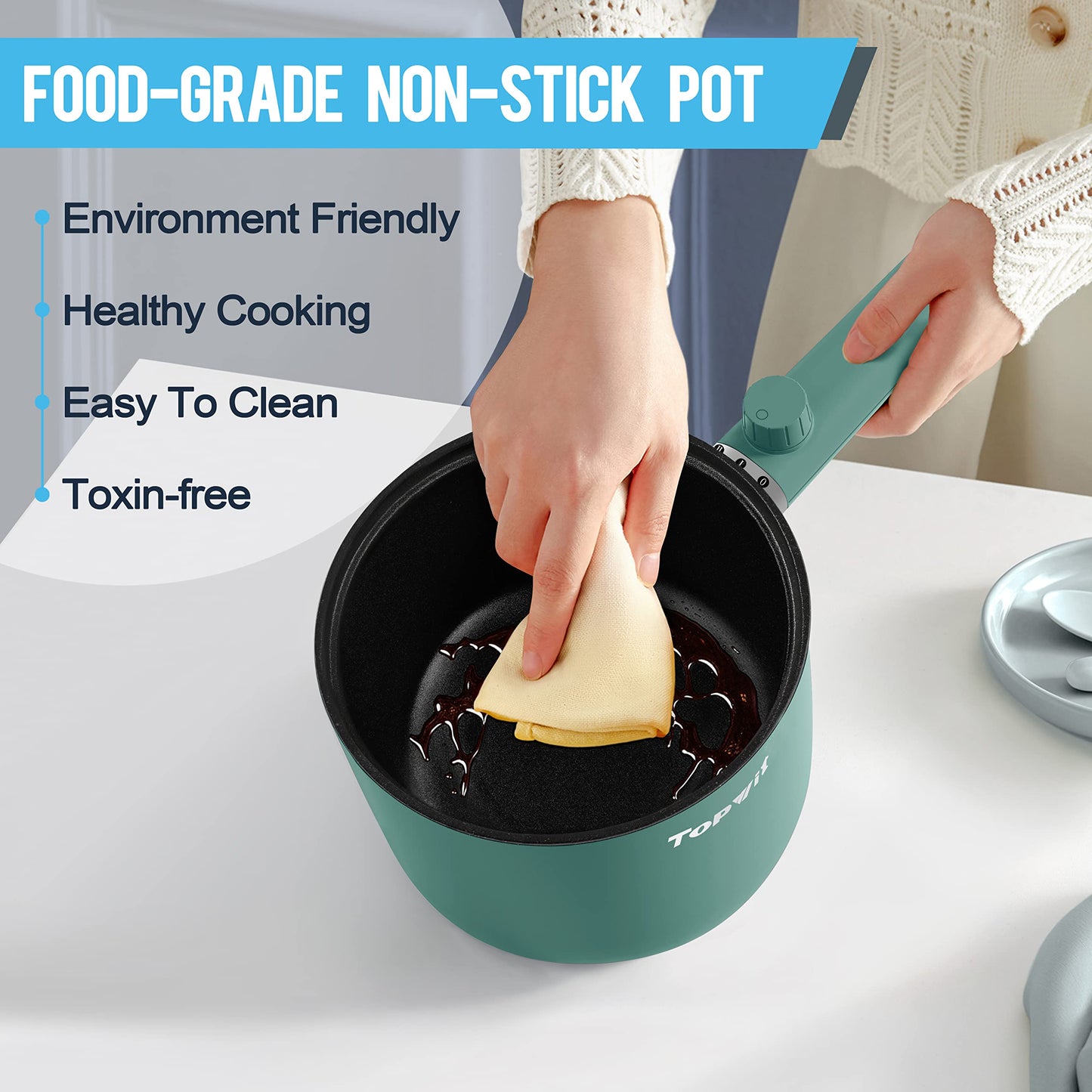 Topwit Hot Pot Electric with Steamer, 1.5L Ramen Cooker, Non-Stick Frying Pan, Electric Pot for Pasta, BPA Free, Electric Cooker with Dual Power Control, Over-Heating & Boil Dry Protection, Green