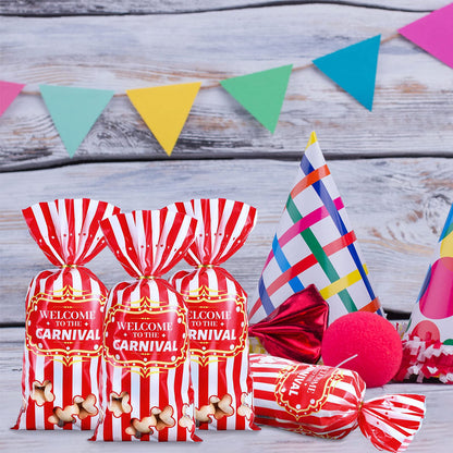 Epakh 200 Packs Carnival Candy Bags Circus-themed Plastic Party Treat Bags with Popcorn Pattern and Gold Twisted Ties for Carnival Birthday Party Favors, Cookies, and Cupcakes (Simple)