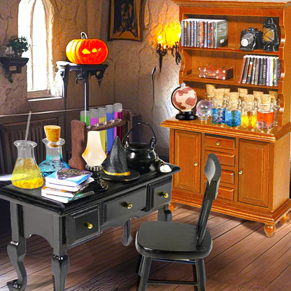Rileryan 54 Pcs 1:12 Scale Magic Witchy House Kit Halloween Miniatures Furnitures Accessories Mini Wooden Bookshelf Bookcase 30 Mini Books Desk Chair Halloween Decoration Gift