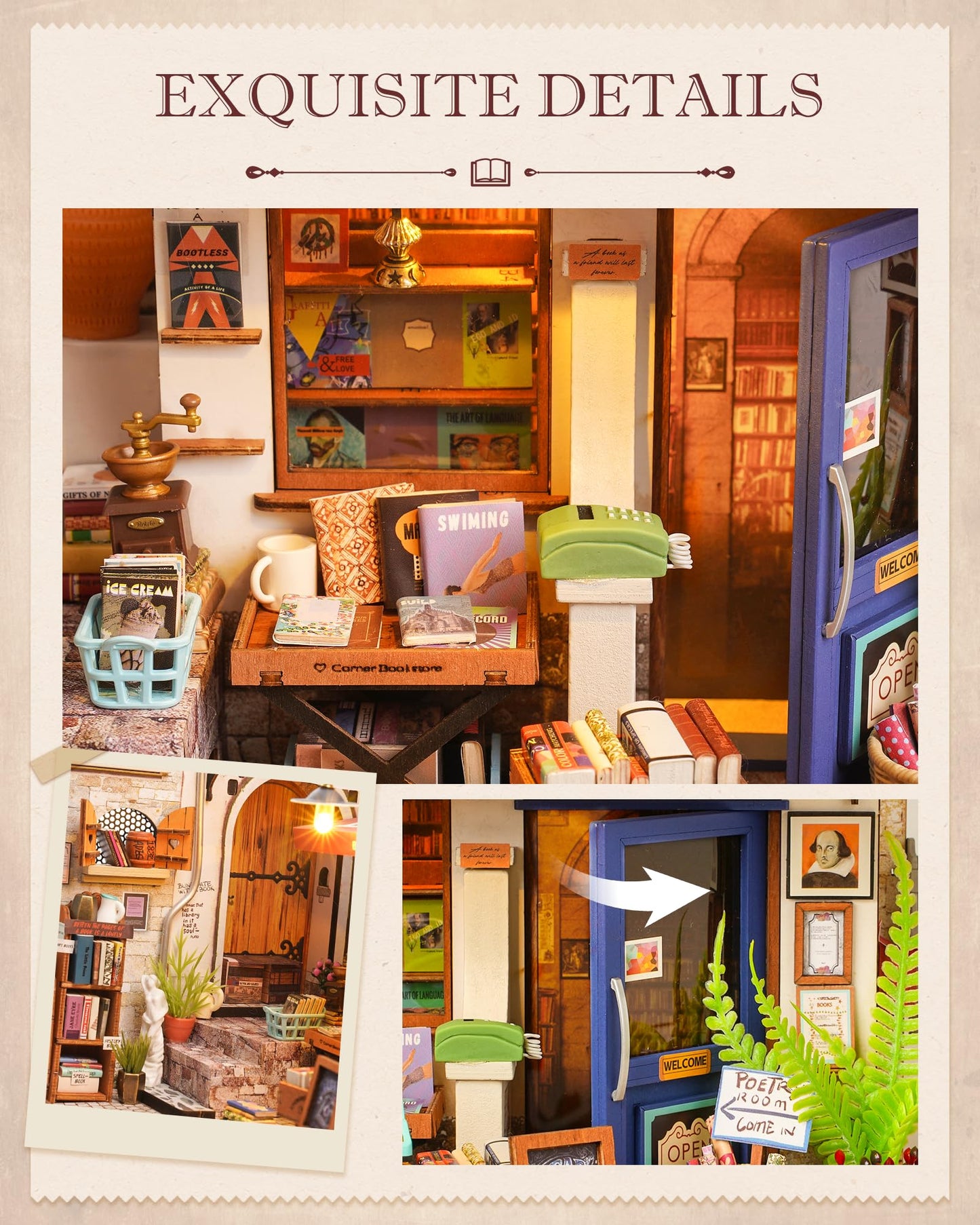Rolife DIY Miniature House Kit 1:20 Scale Bookstore, Build Mini House Building Kit with LED Lights Craft Kits for Aduls Gifts for Him Her