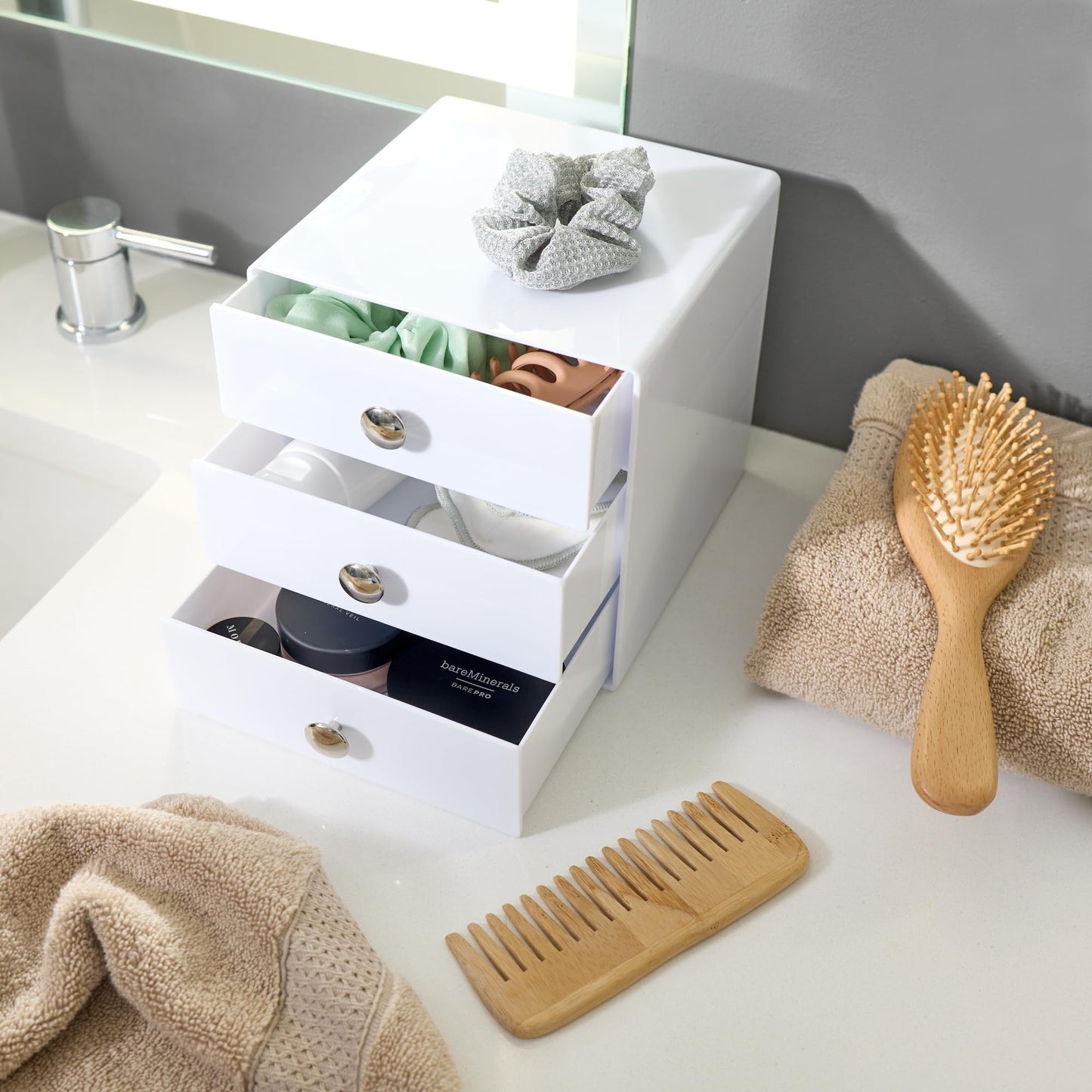 iDesign 3-Drawer Plastic Vanity Organizer, Compact Storage Organization Drawers Set for Cosmetics, Dental Supplies, Hair Care, Bathroom, Dorm, Desk, Countertop, Office, 6.5" x 6.5" x 6.5", White