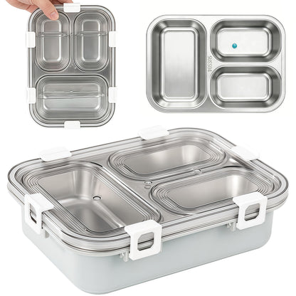 BSTUR Stainless Steel Bento Box for Adults, 3-Compartment Meal Prep Lunch Container with Bottom Tray & Cutlery, Portable for Work, Gym & Travel – Grey
