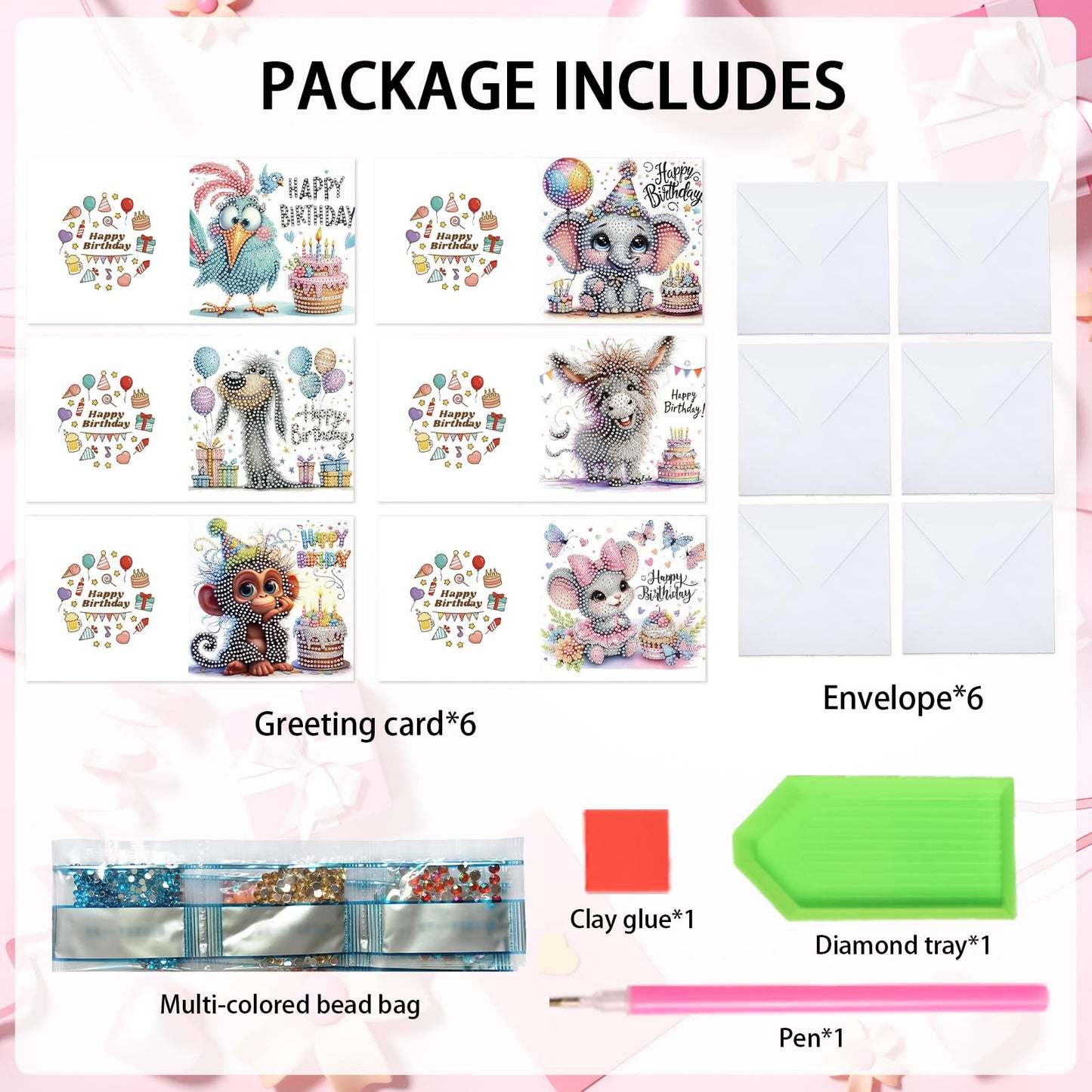 Focart 6-Pack Pets Birthday Diamond Painting Greeting Card Kits, Special Shaped Diamonds Painting, DIY Handcraft for Relatives and Friends with Wishes,Unique Design Crafting for Birthday Cards