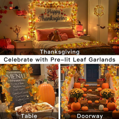 suddus Fall Leaves Garland with Lights, 20LED Battery Operated Fall Lights with Timer, Thanksgiving Decoration for Home, Table, Mantle, Office, Outdoor, Autumn, Halloween, Yellow