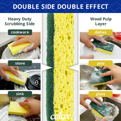 CELOX Sponges Kitchen Sponges for Dishes and Cleaning, 2-Sided Scrub Sponges Dish Sponge and Kitchen Sponge for Washing Dishes, Heavy Duty, Non-Scratch, Sinks, Household Use, Green and Yellow, 12-Pack