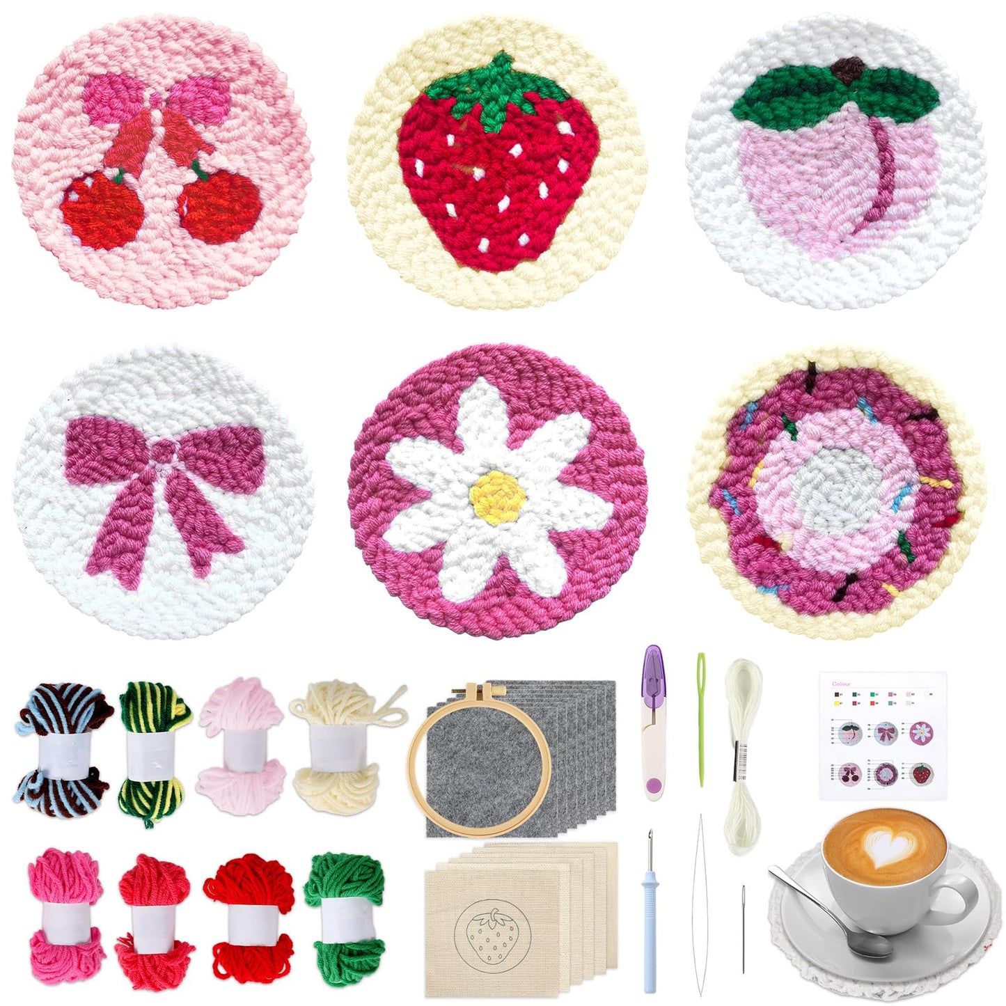 Pink Punch Needle Coaster Kit Strawberry Bow Floral Pattern Coasters Easy Punch Needle Embroidery Kit for Adults Beginner DIY Tufted Pads with Adhesive Felt Yarns Tools Embroidery Hoop Instruction