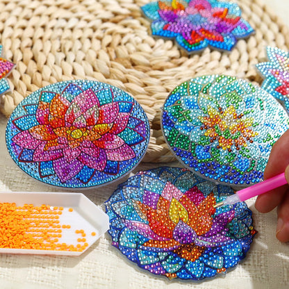 8 PCS Lotus Diamond Art Coasters Kits, Diamond Painting Coasters with Holder Set of 8, DIY Drink Coasters Art Crafts Supplies for Adults Cup Mat for Home Decor House Warming Gifts Non-Slip 3.9inch