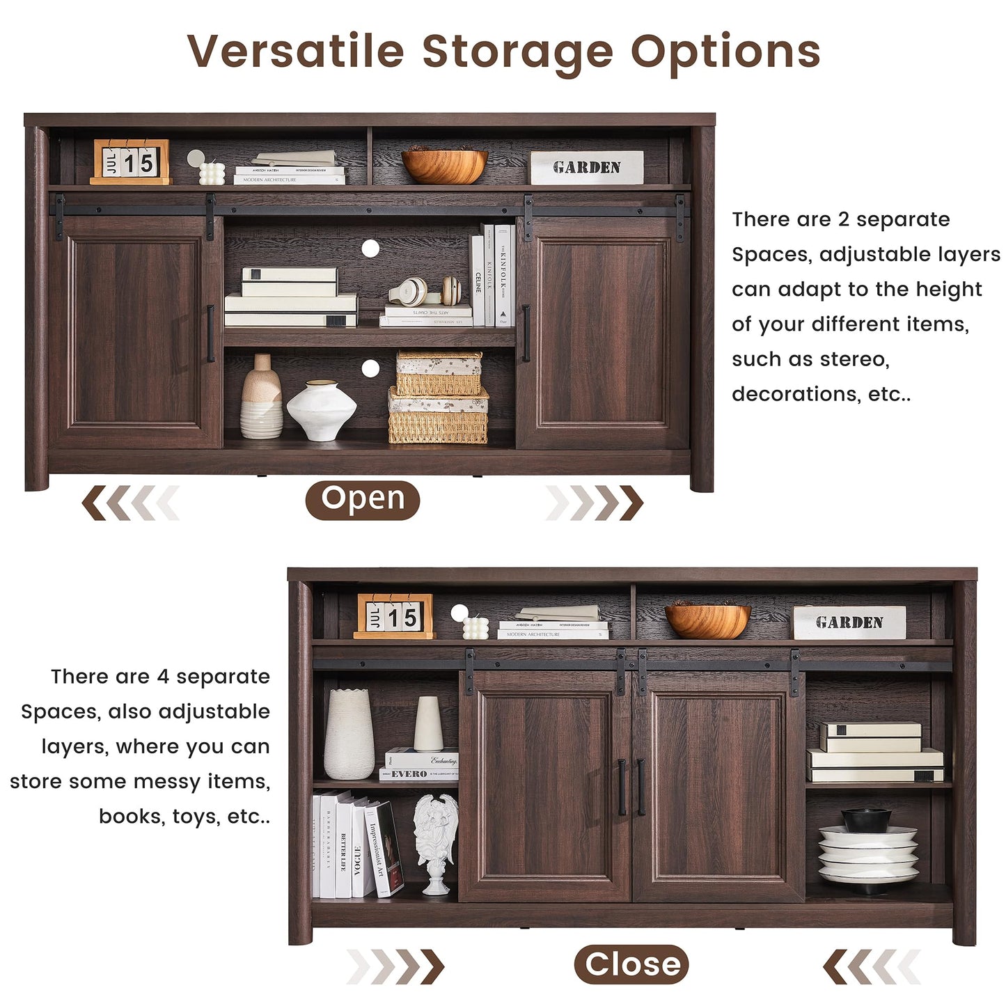 Farmhouse TV Stand for Living Room, Entertainment Center with Storage, Walnut TV Console for Bedroom, Media Storage Cabinet with Sliding Barn Doors & Adjustable Shelves, Fits 80 Inch TV, Rustic Wood
