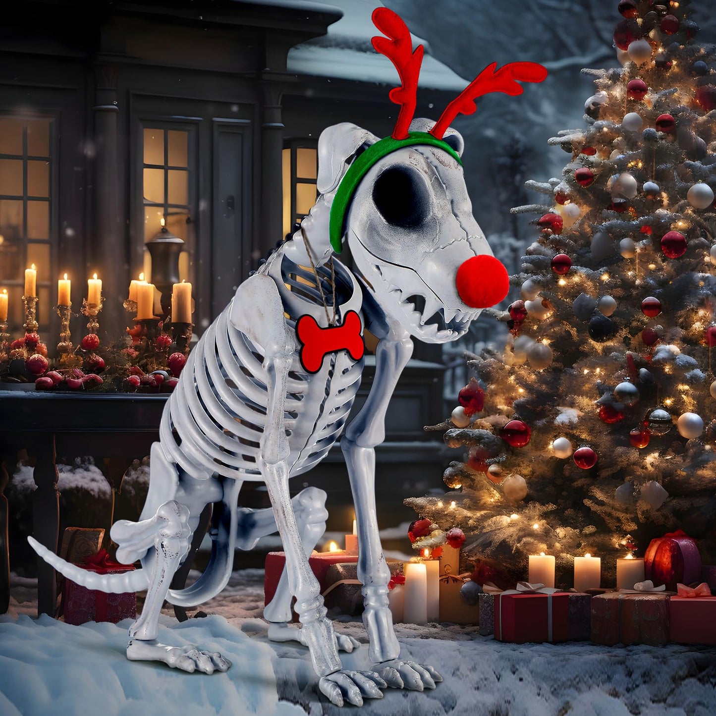 Knitgrip 7 ft Skeleton Dog Accessories Christmas Halloween Skeleton Dog Accessories Set Giant Reindeer Horns Skull Nose Neck Collar Hanging Sign Suitable for Holiday Decoration Outdoor Garden Lawn