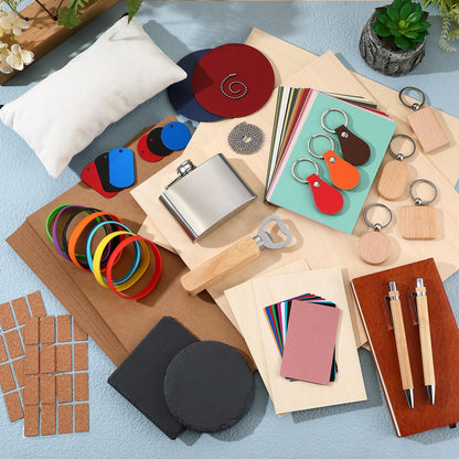 Dunzoom 127 Pcs Laser Material Kit Laser Cutting Engraving Materials Accessories Including Wood, Metal, PU Leather, Fabric, Glass, Rock, Rubber for Cutters Engraving Supplies