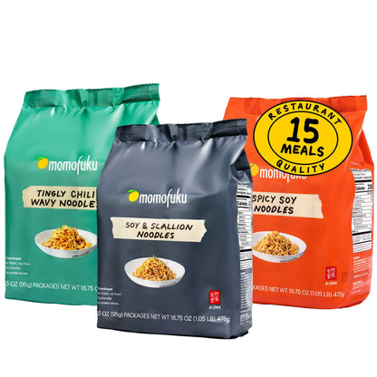 Momofuku Ramen Noodle Variety Pack by David Chang, 15 Meals (Pack of 3) Air-Dried Vegan Instant Noodles with Sauce