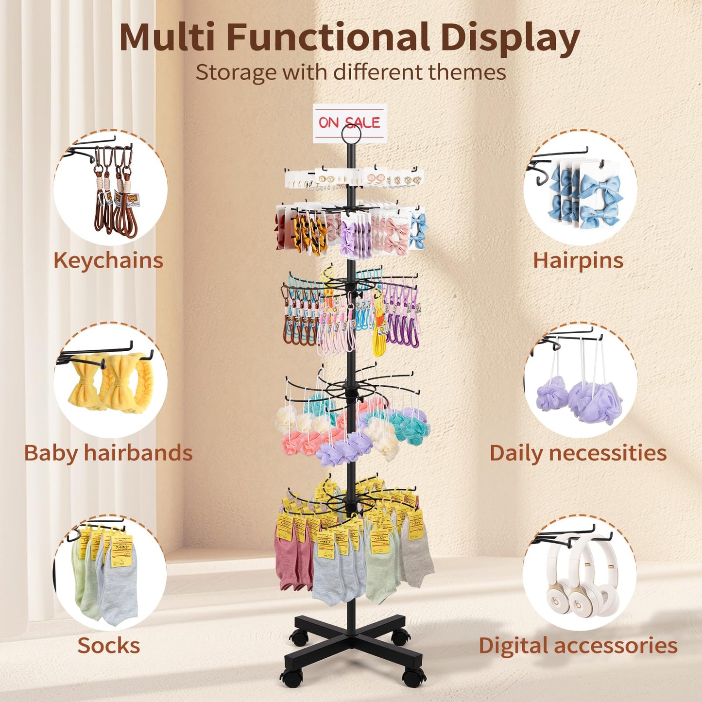 Flenpptly 2 Pack Retail Display Stand, 5-Tier Rotating Display Rack for Store Display, Movable and Adjustable Spinning Display Stand for Earrings, Jewelry, Keychains, Socks Display (2 Pack Black)