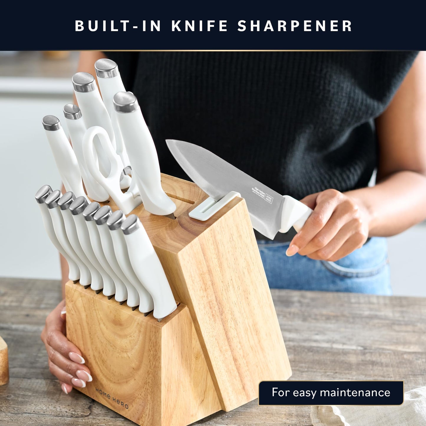 Home Hero Kitchen Knife Set with Sharpener - High Carbon Stainless Steel Knife Block Set with Ergonomic Handles (20 Pcs - Acrylic Black)