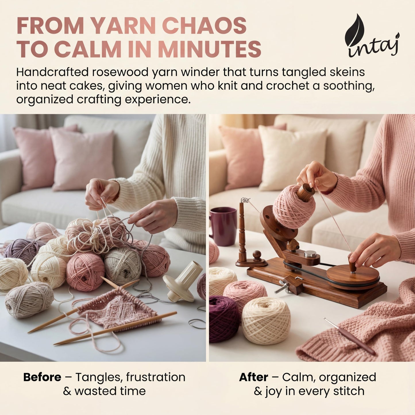 INTAJ Rosewood Yarn Winder - Large Capacity 16 oz Wooden Winder for Knitting & Crocheting - Handcrafted Heavy Duty Natural Rosewood Ball Winder - Table Top Wood Yarn Swift and Ball Winder