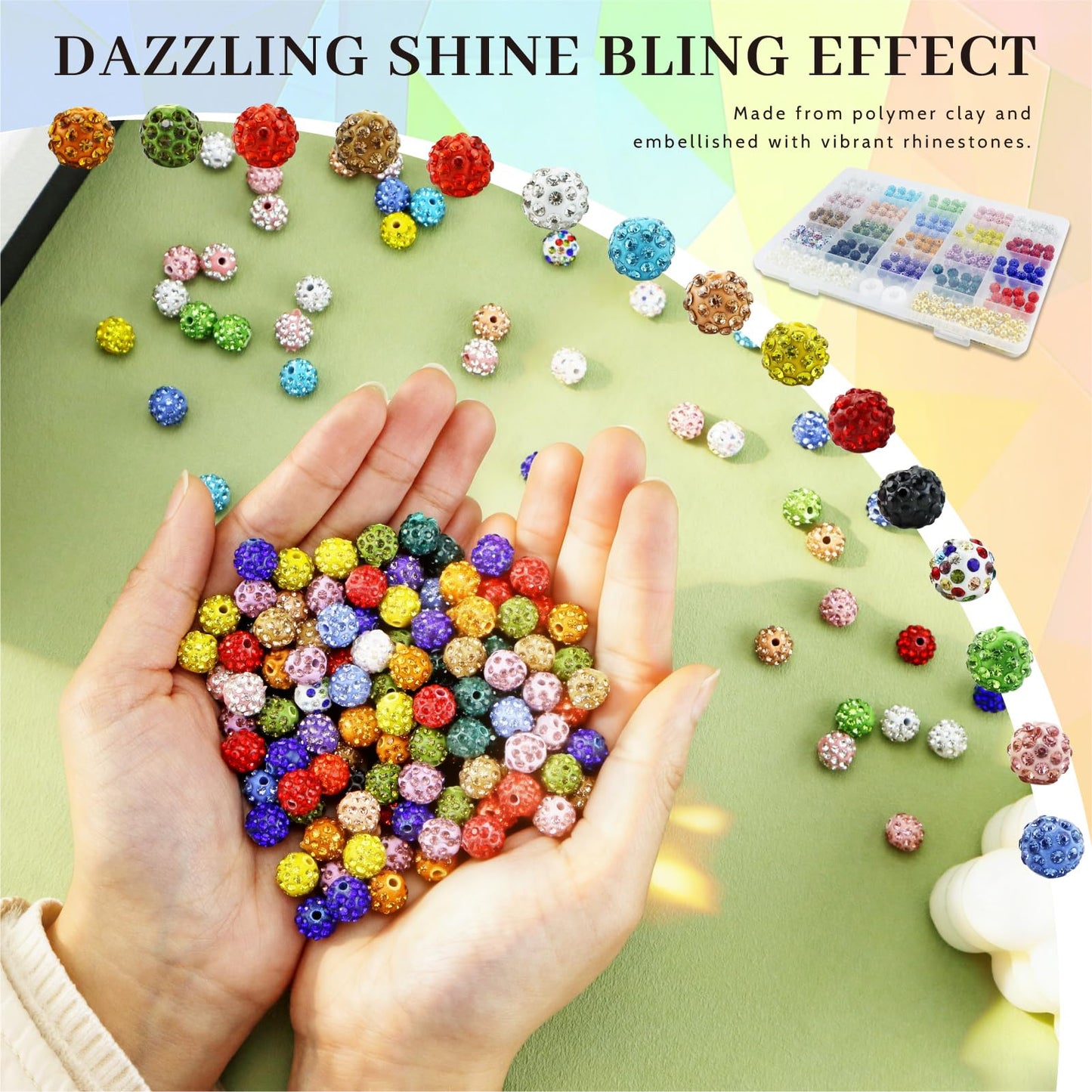 YETOOME 10mm Rhinestone Beads Set, 20 Colors Round Sparkle Crystal Clay Bead Kit with Charms, Sparkly Disco Ball Beads for Bracelets Necklaces Earrings Keychains DIY Crafting, 408 Pieces