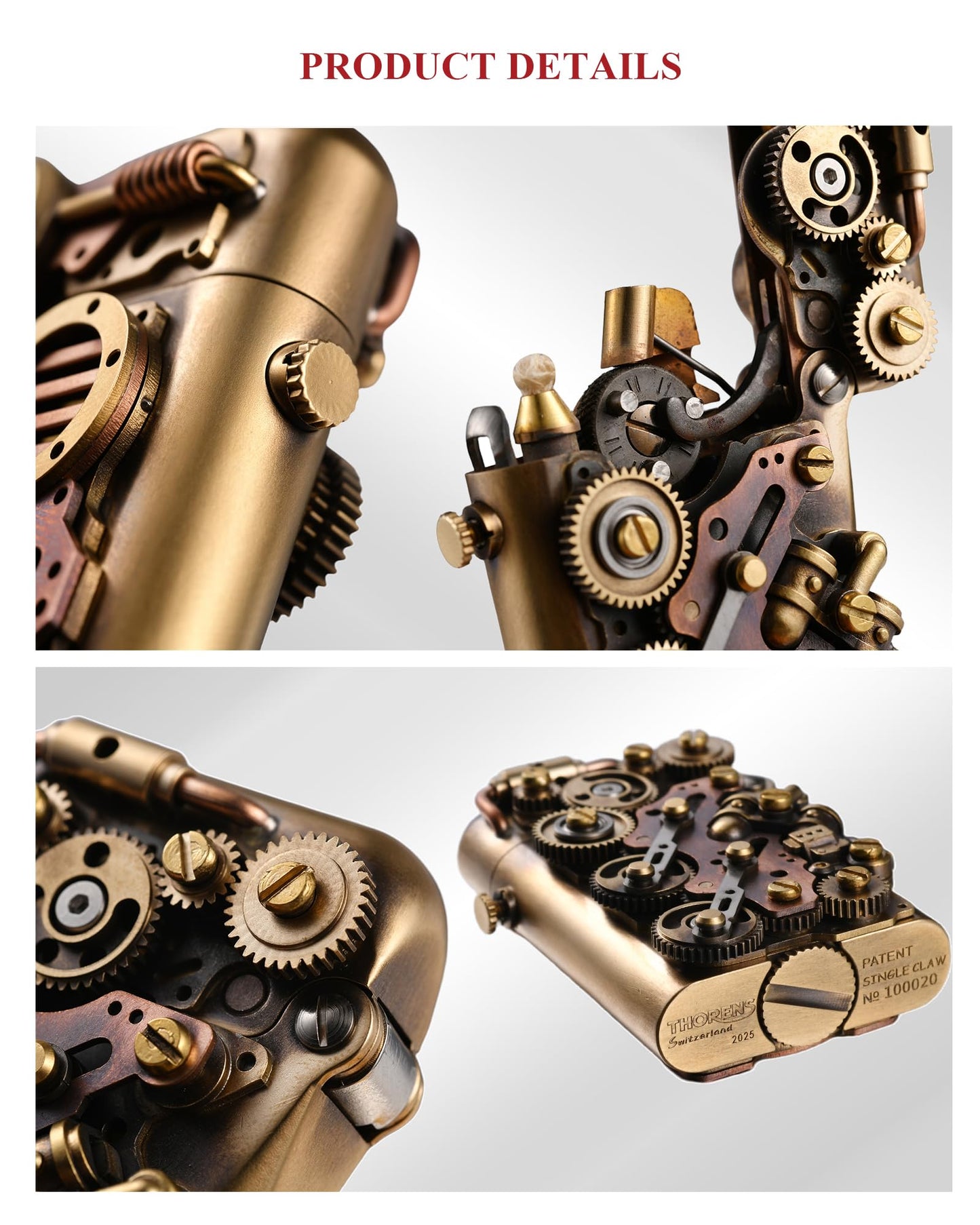 Classic Retro Automatic Ejection Steampunk Kerosene Lighter, Brass, Flint, Grinding Wheel, Gear, Linkage, Mechanical, Complex, Collectible, Men's Gift, Thorens Steampunk-Twin Torque (Bottom-Fill)