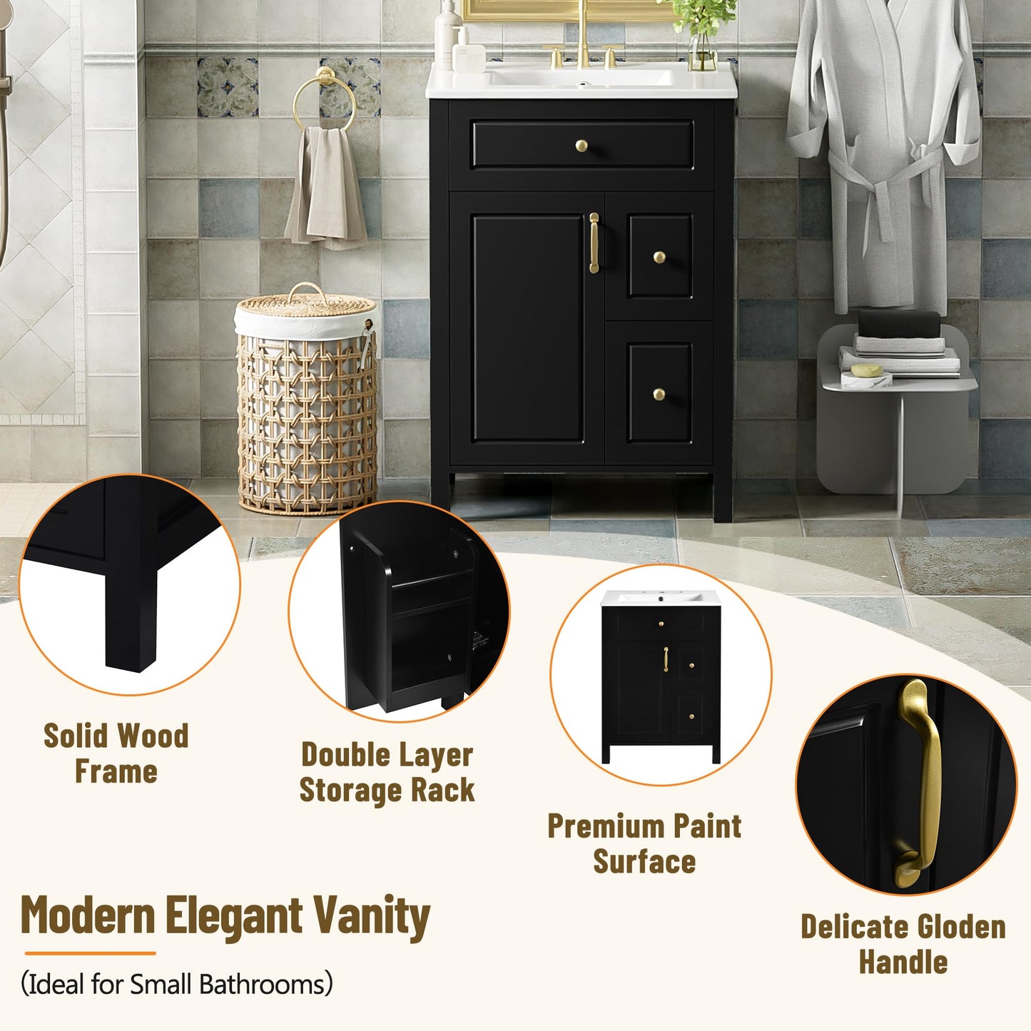Favfurish 24" Bathroom Vanity with Ceramic Sink,Free Standing Single Basin Vanity w/Soft Close Door and Soft Closing Drawers,Wooden Bath Cabinet with Double Storage Racks on The Door,Black