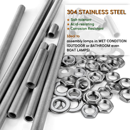Stainless Steel Lamp Pipe,Lamp Repair Hardware Assortment,SS304 Lamp Assembly Hardware Including 10" Nipples,Washers & Locknuts.Threaded Lamp Rod for Outdoor Lamps (304 Stainess Steel)