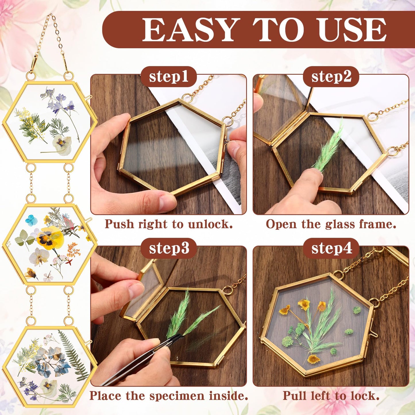 Marsui 3 Set Double Glass Frame Collage For Pressed Flowers with 9 Pcs 4 x 3 Inch Openings Gold Hanging Glass Floating Photo Frames for Artwork Display Photo Modern Home Wall Decor